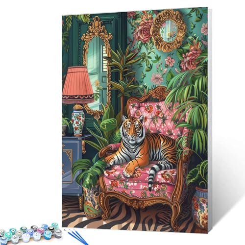 Tucocoo Fierce Tiger on Pink Sofa Paint by Number Kit for Adult,Bohemia Paint by Numbers Woodland Animal Watercolor on Canvas for Home Wall Decor 16''W x 20''H (Without Framed) - color: Artwork-07, size: 16''x20''(Without Frame)