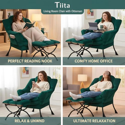 Tiita Lazy Chair with Ottoman, Comfy Reading Accent Chair, Velvet Green - color: Green