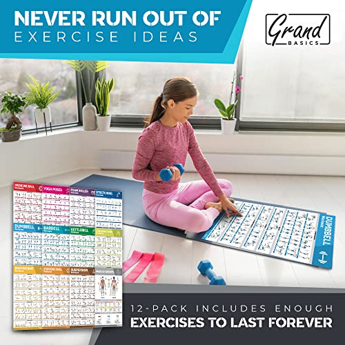 [12-PACK] Laminated Large Workout Poster Set - Perfect Workout Posters for Home Gym - Exercise Charts Incl. Dumbbell, Yoga Poses, Resistance Band, Kettlebell, Stretching & More Fitness Gym Posters - style: White