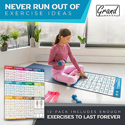 [12-PACK] Laminated Large Workout Poster Set - Perfect Workout Posters for Home Gym - Exercise Charts Incl. Dumbbell, Yoga Poses, Resistance Band, Kettlebell, Stretching & More Fitness Gym Posters - style: White