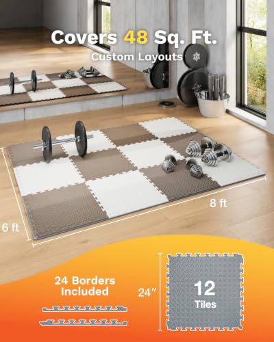 AIRHOP Upgraded 0.79" Extra Thick 48 Sq Ft High-Density Eva Foam Exercise Gym Mats, 12 Pcs Large Interlocking Puzzle Floor Tiles (24"x24") for Home Gym - color: Beige/Brown