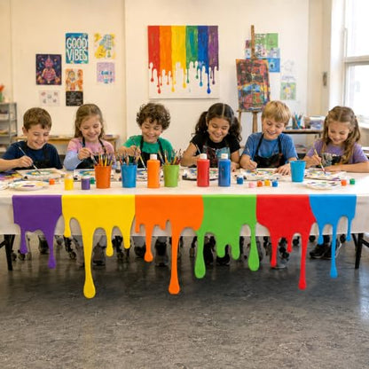 Rainbow Paint Drip Table Skirt 71×30in Polyester Neon Table Cloth with Adhesive Back,Teacher Desk Skirts for Teacher Desk,Art Classroom Decor,Back to School Kids Art Table Party Supplies