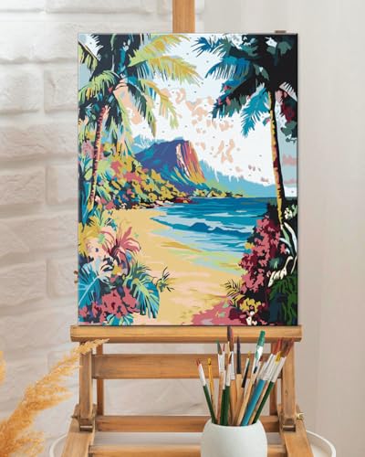 TOCARE Framed Paint by Numbers Kit for Adults, 12x16Inch Hawaii Beach Paint by Numbers with Frame, Palm Tree Seascape Adult Paint by Number Framed Canvas (Without Easel) - color: TC-F-345