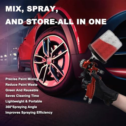RRJ Disposable Paint Cup Spray Gun Cup, Paint System for LVLP and HVLP Spray Gun Kit 600 ML Mixing Cup with 50 Cups Liners and Lids, 1 Hard Cup with Retainer Ring, 2 Cup Adapter, Stirrer - color: 20 Ounce (600ml) Kit-50PCS