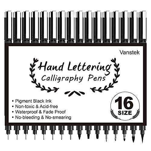 Vanstek 16 Pack Hand Lettering Pens, Calligraphy Pens Markers, Black Ink for Beginners Writing, Lettering, Journaling, Art Drawing, Signature, Illustrations and Office School Supplies