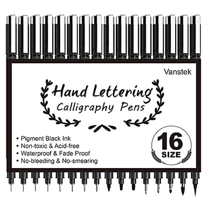 Vanstek 16 Pack Hand Lettering Pens, Calligraphy Pens Markers, Black Ink for Beginners Writing, Lettering, Journaling, Art Drawing, Signature, Illustrations and Office School Supplies