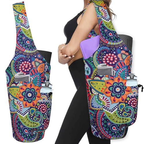 Yoga Mat Bag - Large Opening Long Tote Yoga Mat Carrier Holder Bag with Waterproof Wet Zipper Pocket and Drawstring Water Bottle Pocket - Yoga Bag Fit Most Size Mats - color: Paisley