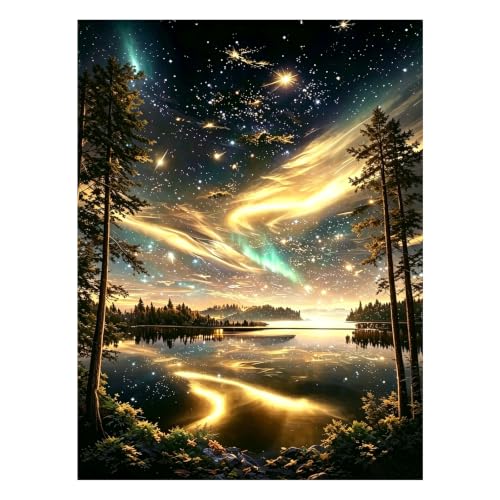 Starry Sky Diamond Art Kits For Adults Aurora Diamond Painting Wall Decor | 5D Starry Night Lake Diamond Gem Art Funny Gifts For Women Men Landscape Round Drill Diamond Painting Home Decor 12x16Inch - color: Starry Sky