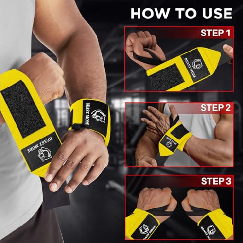 TECEUM Elastic Cotton Weightlifting Wrist Wraps with Thumb Loops, 1 Pair - color: Yellow, style: 18" – Beast Mode