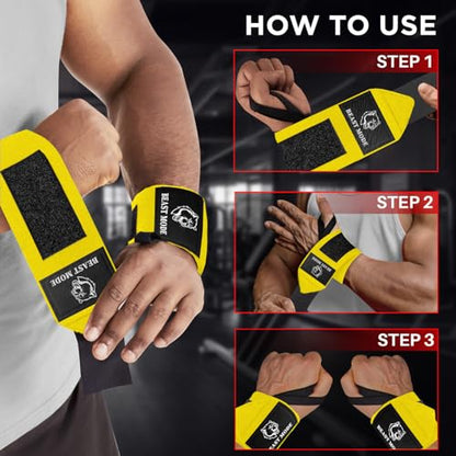 TECEUM Elastic Cotton Weightlifting Wrist Wraps with Thumb Loops, 1 Pair - color: Yellow, style: 18" – Beast Mode