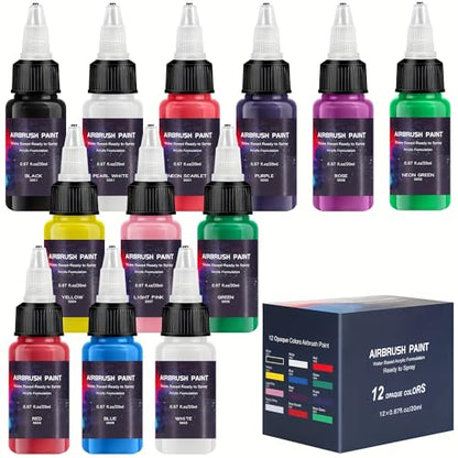 Airbrush Paint 12 Colors, Ready to Spray Airbrush Paint Set, Water-Based Acrylic Air brush Paints for Metal, Plastic Models, Canvas, Wood, 0.67 Fl Oz/20ml - color: 12 Colors
