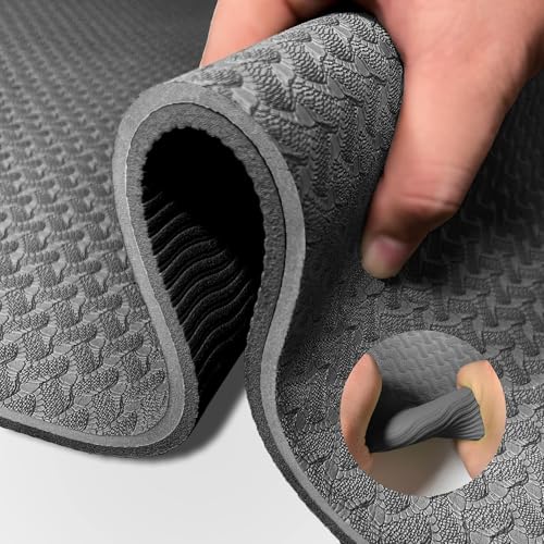 Yoga Mat 1/3" (8mm) Thick Non-Slip, Women Men Fitness & Exercise Mat, 72"Lx24"W Eco-Friendly TPE Workout Mat with Carrying Strap for Yoga, Pilates, Home Gym, Floor Exercises - color: Grey