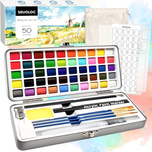 SRUOLOC Watercolor Paint Set 50 Colors, Travel Watercolor Set with Portable Carrying Case, Papers, Brushes and Accessories, Ideal for Artists, Amateur Hobbyists and Painting Lovers