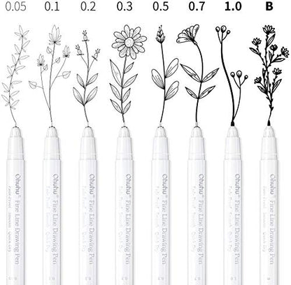Ohuhu Fineliner Micro Drawing Pens: 8-size Tips (Ultra-fine, Fine & Brush) | Waterproof Pigment Black Ink for Illustration Drawing Journaling Sketching for Artist Beginners