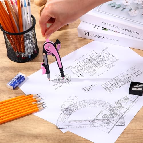 EBOOT Student Geometry Math Set, Drawing Compass and 6 Inch Clear Swing Arm Protractors 180 Degree Math Protractor(Pink) - color: Pink