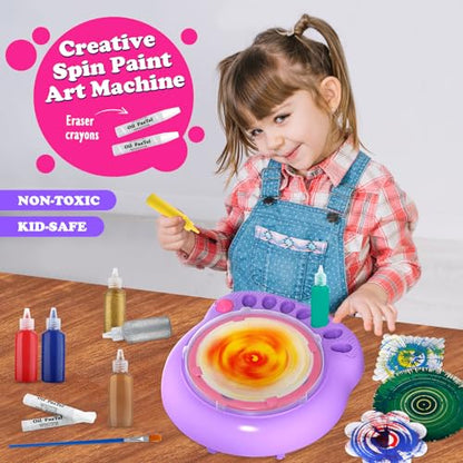 Spin Art Machine for Kids, Paint Spinner Arts & Crafts Gift Kit, Ages 4-12 | Includes machine, 36 artboards, 7 washable paints & splatter guard. Easy-clean, screen-free STEAM gift for girls & boys - color: Purple