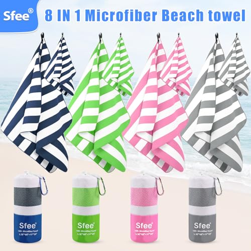 Sfee 4 Pack(8Pcs) Microfiber Travel Towel, Beach Towel Quick Dry Towel Camping Towel Super Absorbent Compact Lightweight Sports Gym Towels for Beach, Gym, Hiking, Pool, Backpacking, Bath, Yoga - color: Navy Blue+green+pink+grey, size: L 60"x30"+24"x15"