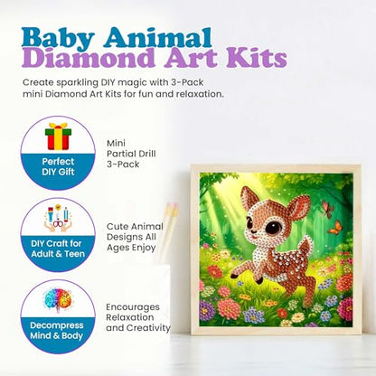 Modern Merch Small Diamond Art Packs Butterfly Deer & Penguin, Animal Diamond Dots for Adults, Jewel Art Painting Kits, Mini Gem Arts and Crafts for Adults, Round Drill 3 Pack Partial Drill - color: Butterfly Penguin Deer