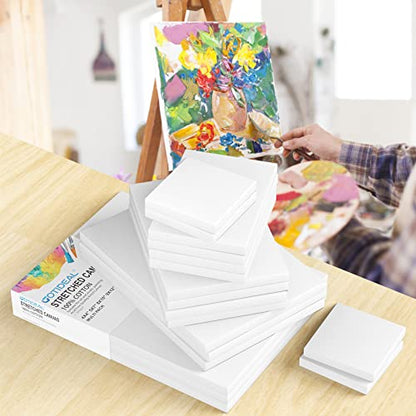 18Pcs Stretched Canvases, Multi Pack 4x4, 5x7, 8x10, 9x12, 11x14 | Primed White Set, 100% Cotton Artist Blank Canvas Boards for Painting, Acrylic Pouring, Oil Paint - color: White, size: Multi Pack-18 Pcs