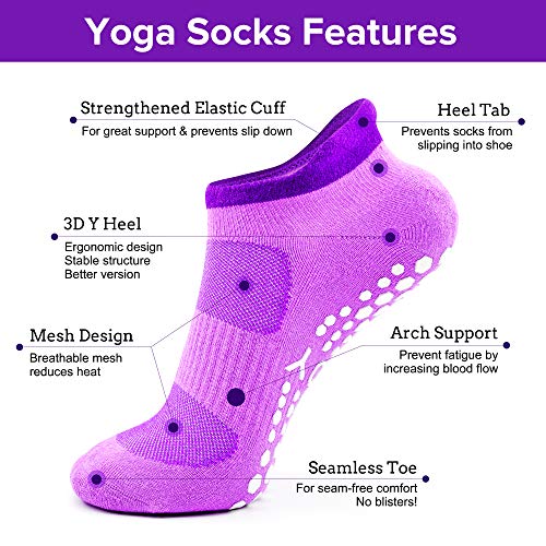 Busy Socks 2 Pack Women Ankle Non Slip Yoga Pilates Grip Socks with Cushion | Anti Skid Slipper Arch Support Socks for Barre Bikram Dance Trampoline Fitness Hospital Home Floor Walking Jogging Cardio - color: 2 Pairs Purple