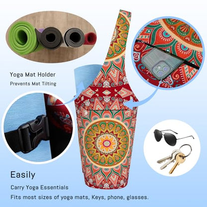 Mandala Yoga Mat Bag with Large Waterproof Zipper Pocket and Drawstring Pocket Long Tote Yoga Mat Carrier Holder Bags Fit Most Size Mats - color: Red