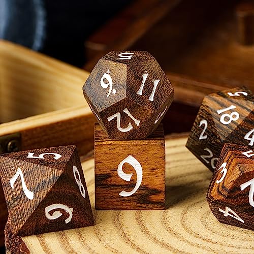 Wood DND Dice Set 7PCS Brown Wooden Dice Set for D&D Tabletop Games - color: Brown Black Striped
