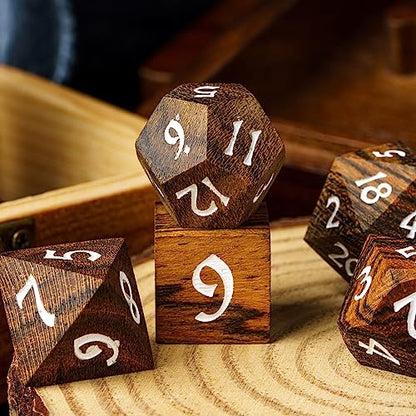 Wood DND Dice Set 7PCS Brown Wooden Dice Set for D&D Tabletop Games - color: Brown Black Striped