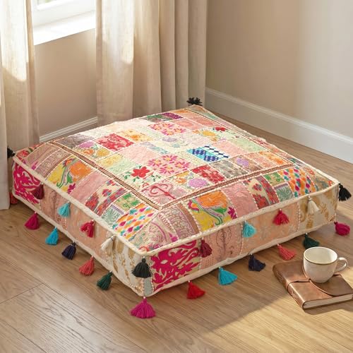 THE ART BOX Cotton Patchwork Vintage Boho Embroidered Floor Pillows & Cushion Cover Dog Pouf Seating Pouf Meditation Pillow Pet Bedding Cat Bed Boho Home Décor (35x35 Inches, Cover Only) - color: White