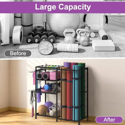 Yoga Mat Holder 4 Tier Home Gym Storage Rack with Hooks and Basket, Metal Sports Equipment Organizer for Dumbbells, Kettlebells, Exercise Balls and Sports Gear, Black