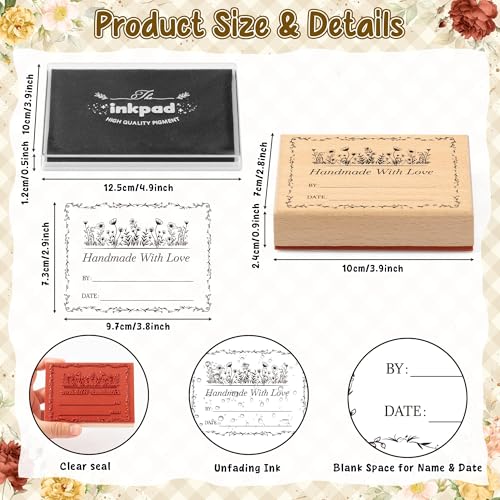 EYxsaxenk Wildflower Handmade with Love Wood Fabric Stamp & Black Ink Pad | 3x4 inch custom name stamp, Washable personal fabric label gift sign for clothes, quilt, Christmas gift wrapping decoration - color: Wildflower