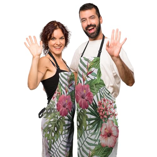 Cooking Apron for Men Watercolor Summer Tropical Flower Women Aprons for Kitchen Restaurant BBQ Painting Crafting Gardening 27” (W) x 31” (H), Waterproof Apron - color: Tropical Flower