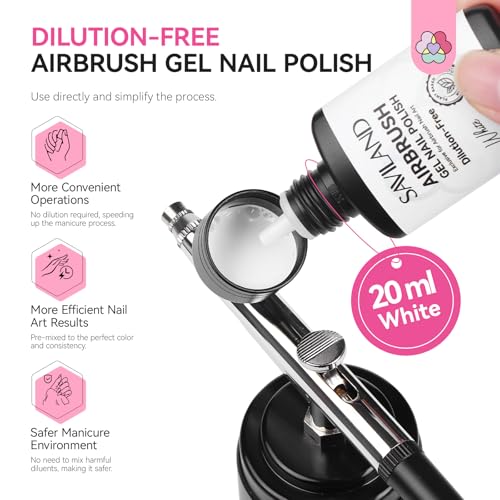 SAVILAND Hema-Free Airbrush Gel Nail Polish White Gel Nail Polish 20ML | Dilution-free Airbrush Paint for Nails,No Clogging, Non-Acetone, High Pigmented Colors Airbrush Polish, Ombre French Nail - color: A-White