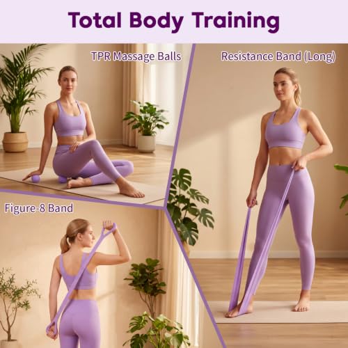 Hoikwo Purple 15 Pcs Pilates Kit for Women Resistance Bands Combo Yoga Sets | 7.3" Yoga Ball with Pump, 5 TPE Loop Bands, Long Band, Figure-8 Band, 2 Sliders, Grip Socks and Storage Bag for Home, Gym