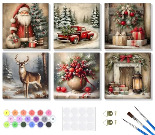 Bowetile 6 Pack Framed Paint by Numbers Christmas for Adults Beginners, Adults' Paint-by-Number Santa Claus Kits on Canvas, Acrylic Number Painting Crafts Kits Christmas Gifts for Home Decor, 8x8in - color: Christmas. Santa Claus, Deer
