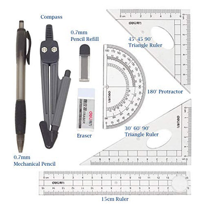 Honbay 8PCS Math Geometry Kit Set for Student and Engineering Drawing - Drawing Compass, 0.7mm Mechanical Pencil, 0.7mm Pencil Lead Refills, Eraser, Protractor, Rulers