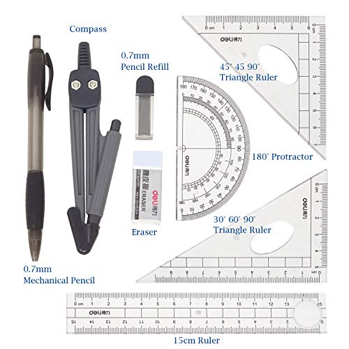 Honbay 8PCS Math Geometry Kit Set for Student and Engineering Drawing - Drawing Compass, 0.7mm Mechanical Pencil, 0.7mm Pencil Lead Refills, Eraser, Protractor, Rulers