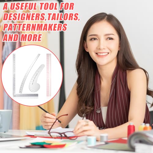 Xuhal 4 Pcs Fashion Sewing Ruler with French Curves Aluminum Designers Ruler Kit Includes Curve Ruler, Hip Curve Ruler, L Square Curve Ruler and Plastic Grading Ruler for Design Crafts Sewing