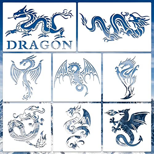 8 Pcs Dragon Stencils Airbrush Stencils Tattoo Stencil Paint Stencils Reusable Plastic Dragon Stencil for Painting on Wood Furniture Wall DIY Crafts Drawing Decoration