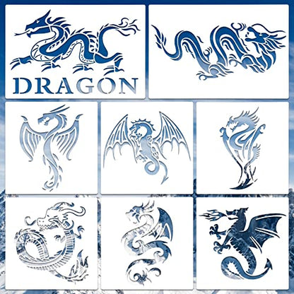 8 Pcs Dragon Stencils Airbrush Stencils Tattoo Stencil Paint Stencils Reusable Plastic Dragon Stencil for Painting on Wood Furniture Wall DIY Crafts Drawing Decoration