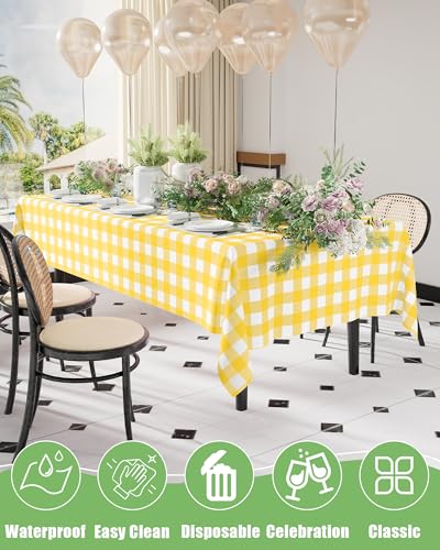 Smiry 8 Packs Gingham Disposable Table Cloth, 54 x 108 Inch Waterproof Plastic Tablecloth, Rectangle Yellow and White Checkered Table Covers for Picnic, Birthday, Party - color: Yellow and White, size: 54"x108" (Pack of 8)