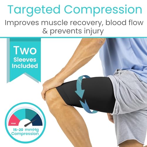 Vive Thigh Compression Sleeve (2 Pack) Hamstring Brace for Upper Thigh | Breathable Leg Support Wrap for Men & Women - Non Slip Elastic Sleeve for Pain Relief, Groin, Sciatica & Quadriceps - size: Large