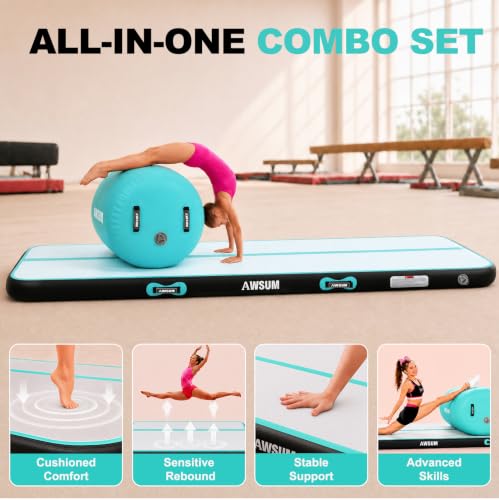 AWSUM Inflatable Gymnastics Mat with Air Roller Barrel Tumbling Equipment - color: Mint Green/Black+Green Roller, size: 10ft*3.3ft*4in&(L)40in*(Diam)23.6"