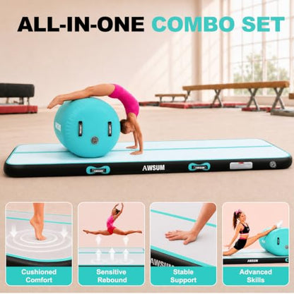 AWSUM Inflatable Gymnastics Mat with Air Roller Barrel Tumbling Equipment - color: Mint Green/Black+Green Roller, size: 13ft*3.3ft*4in &(L)40in*Diam23.6in