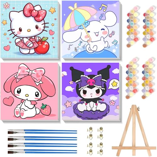 4 Pack Cartoon Paint by Numbers Kit for Kids with Frame - Wooden Easel | Cute Kids Paint by Numbers Ages 4 8 12, Easy DIY Acrylic Oil Painting for Gift Home Wall Decor (8x8 inch) - color: BKH1573-BKH1580