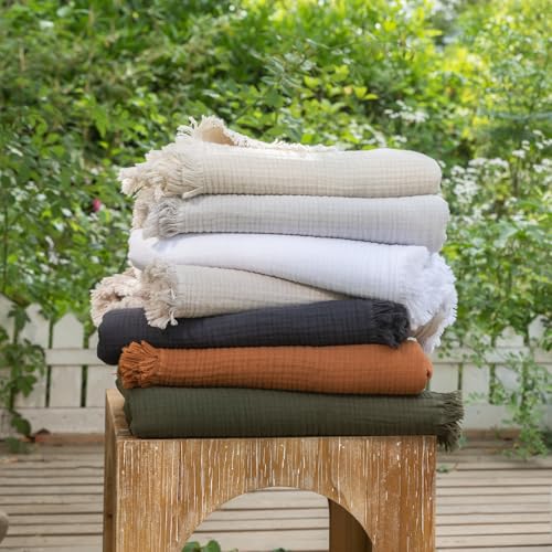 MooMee 100% Cotton Muslin Blanket, Fringed 4-Layer Gauze Bed Couch Throw - color: Cream Grey, size: Twin XL