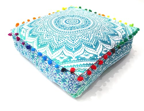 INDIAN CRAFT CASTLE ICC Floor Pillows & Cushion Covers Decorative Hippie Mandala Pouf Pillow Covers Seating Meditation Cushion Cover Large Boho Ottoman Case Pillowcase Couch Green Ombre, 18" Square - color: Green, size: 18"D x 18"W x 5"H