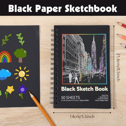 160gsm Black Paper Sketchbook 5.5 x 8.5 in, 50 Acid-Free Drawing Paper | Heavyweight black paper, finely textured, tears cleanly, lays flat, for pencils, chalk, metallic markers - size: 5.5×8.5 Inch (1 Pack )