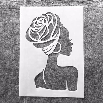 TIAMECH A4 Reusable African Girl Stencil for Painting | Fashion Hairstyle & Hoop Earrings Lady Layering Template, DIY Wall Art, Wood Furniture, Scrapbook & Crafts (8.3x11.7inch) - style: Beauty Girl