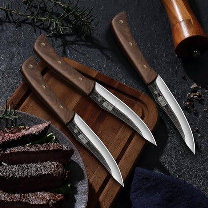 HOSHANHO Steak Knives Set of 6, Sharp 4.5" Non Serrated Steak Knife Set | Hand Forged High Carbon Steel Dinner Steak Knives with Full Tang Wood Handle, Gift with Men - size: 4.5"