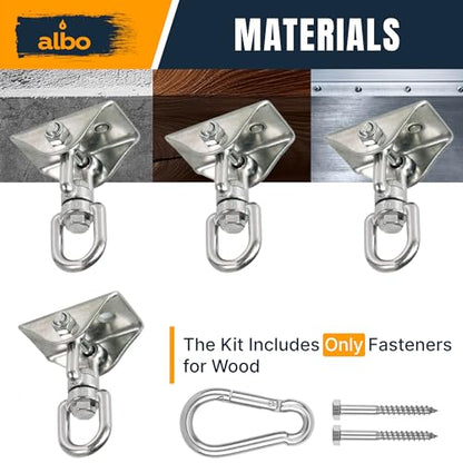 Albo Heavy Duty Ceiling Swing Mount Bracket with 360° Swivel & Locking Carabiner, 2650 LBS, Hammock Chair, Porch Swing, Yoga Swing, Punching Bag Ceiling Hanger, Wood Beam & Concrete Hardware Kit - color: Silver, size: 1 Piece